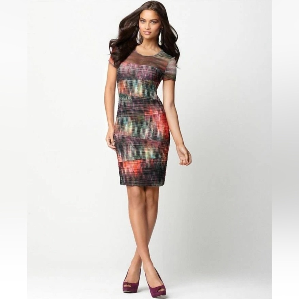 BCBG MaxAzria Donna Colorful Ruched Unique Mesh Bodycon Cap Sleeve Sheath Dress